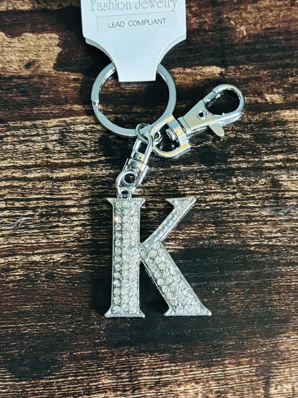 Silver Tone‎ Sparkling Crystal Rhinestone Letter K Key Ring with Clasp